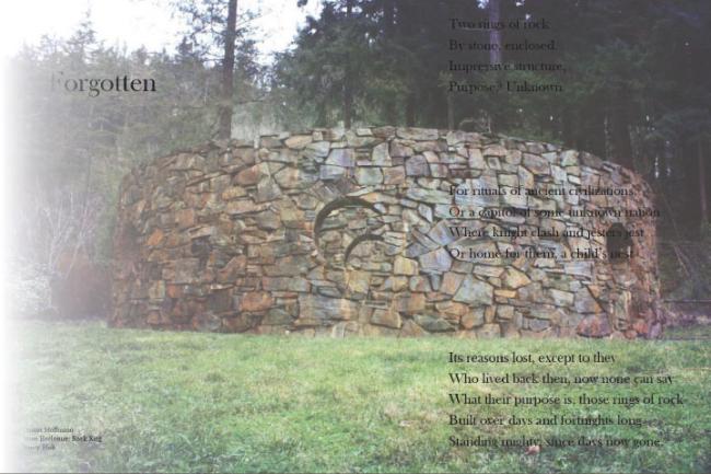 Partially faded image of the Rock Rings sculpture, with a poem overlaid