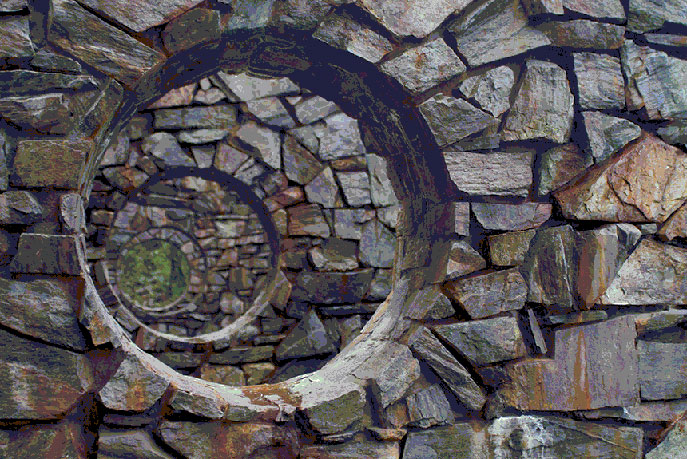 several portals in a masonry wall aligned so you can see through them to the other side