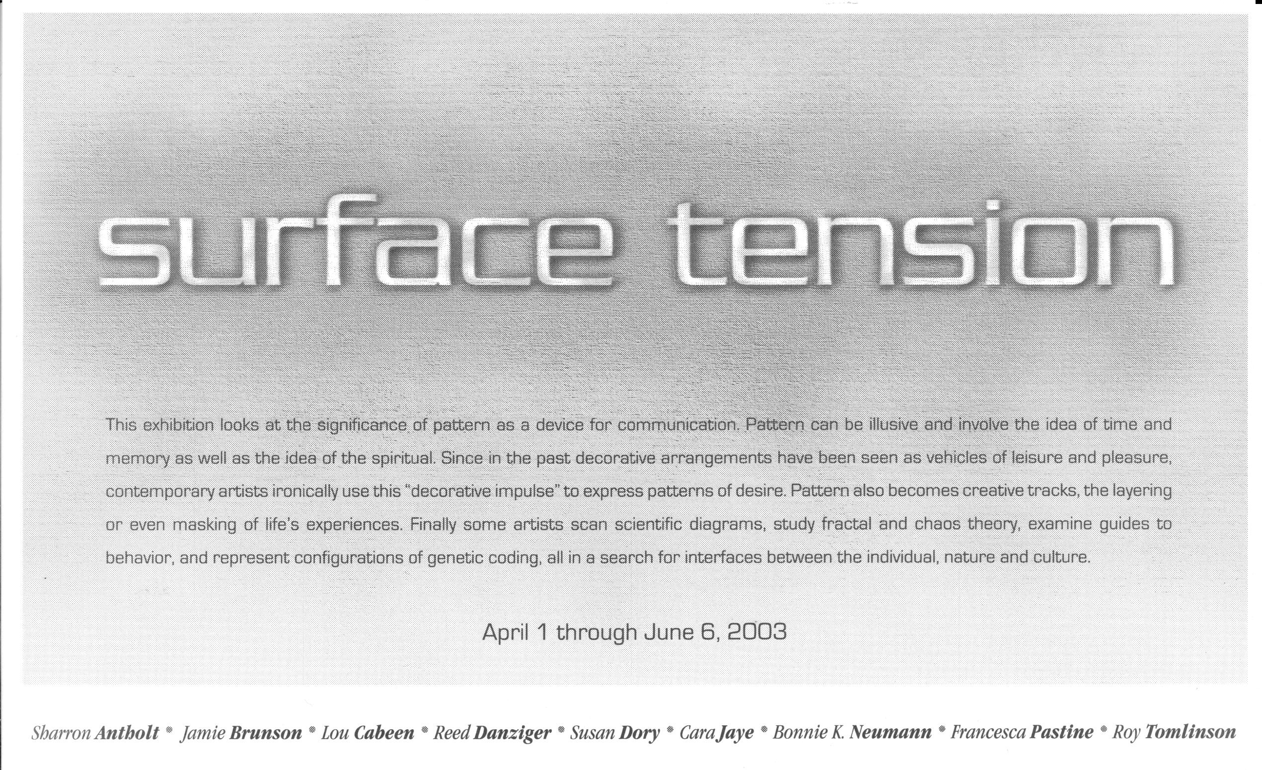Surface Tension in large font with a minimal exhibition description beneath. 
