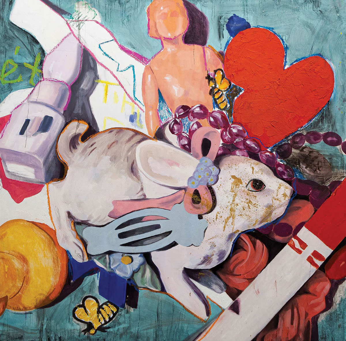 painting of a jumble of worn toys, a bunny, a faceless doll, a heart