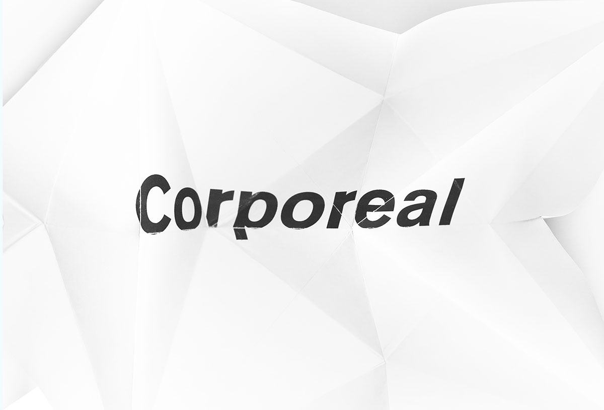 exhibition title "corporeal" on a background that looks like slightly crumpled paper