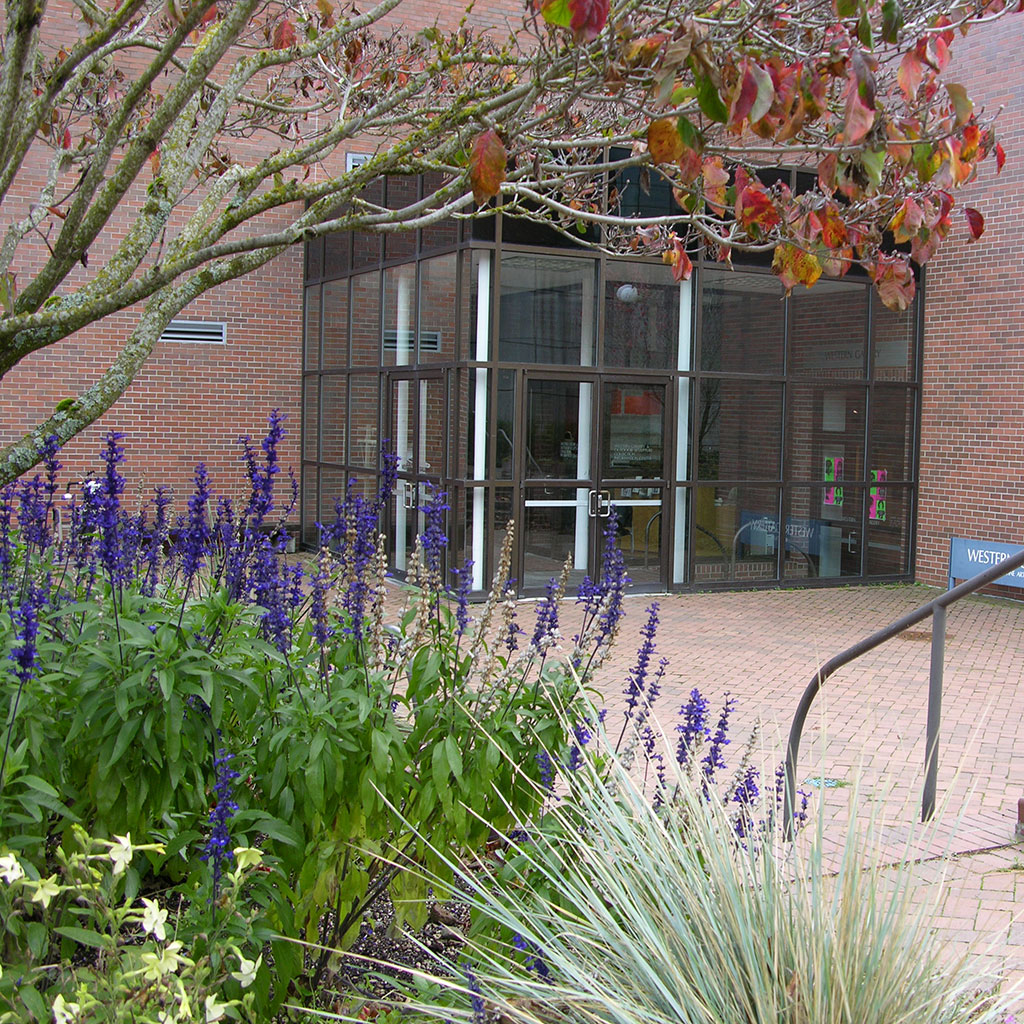 exterior of western gallery which is a glassed in cube attached to a brick wall. There are plants and flowers in the foreground