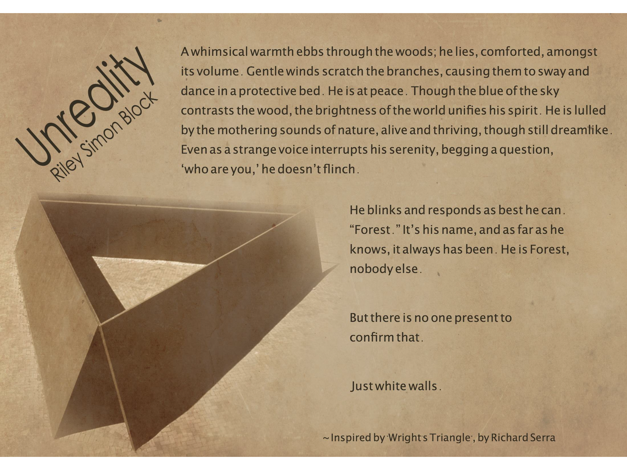 A poem wraps around a photo of the Wright's Triangle sculpture