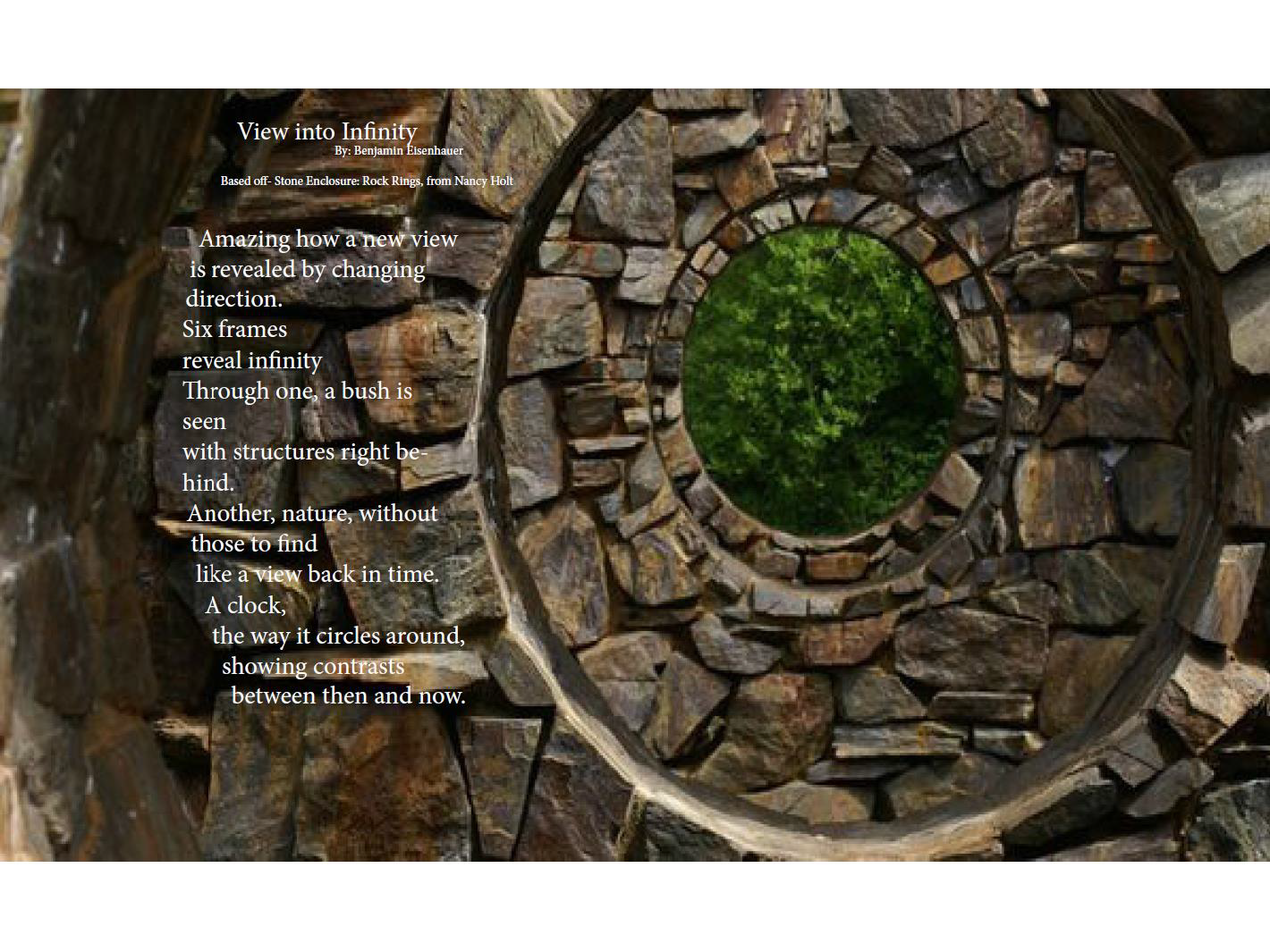 A poem curves around a round window in the Rock Rings sculpture