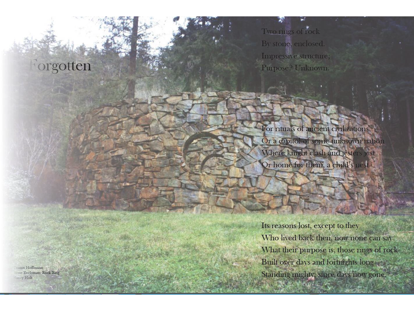 Partially faded image of the Rock Rings sculpture, with a poem overlaid