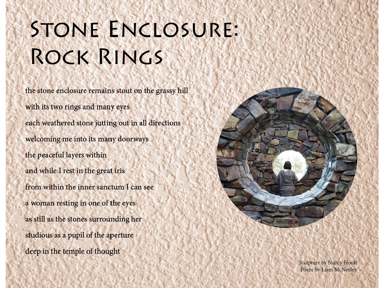 A poem on stone-textured background, with a picture of a person standing between windows of the Rock Ring sculpture walls