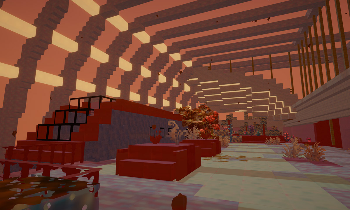 red-orange rectilinear structures appear to form an interior space with a lot of depth