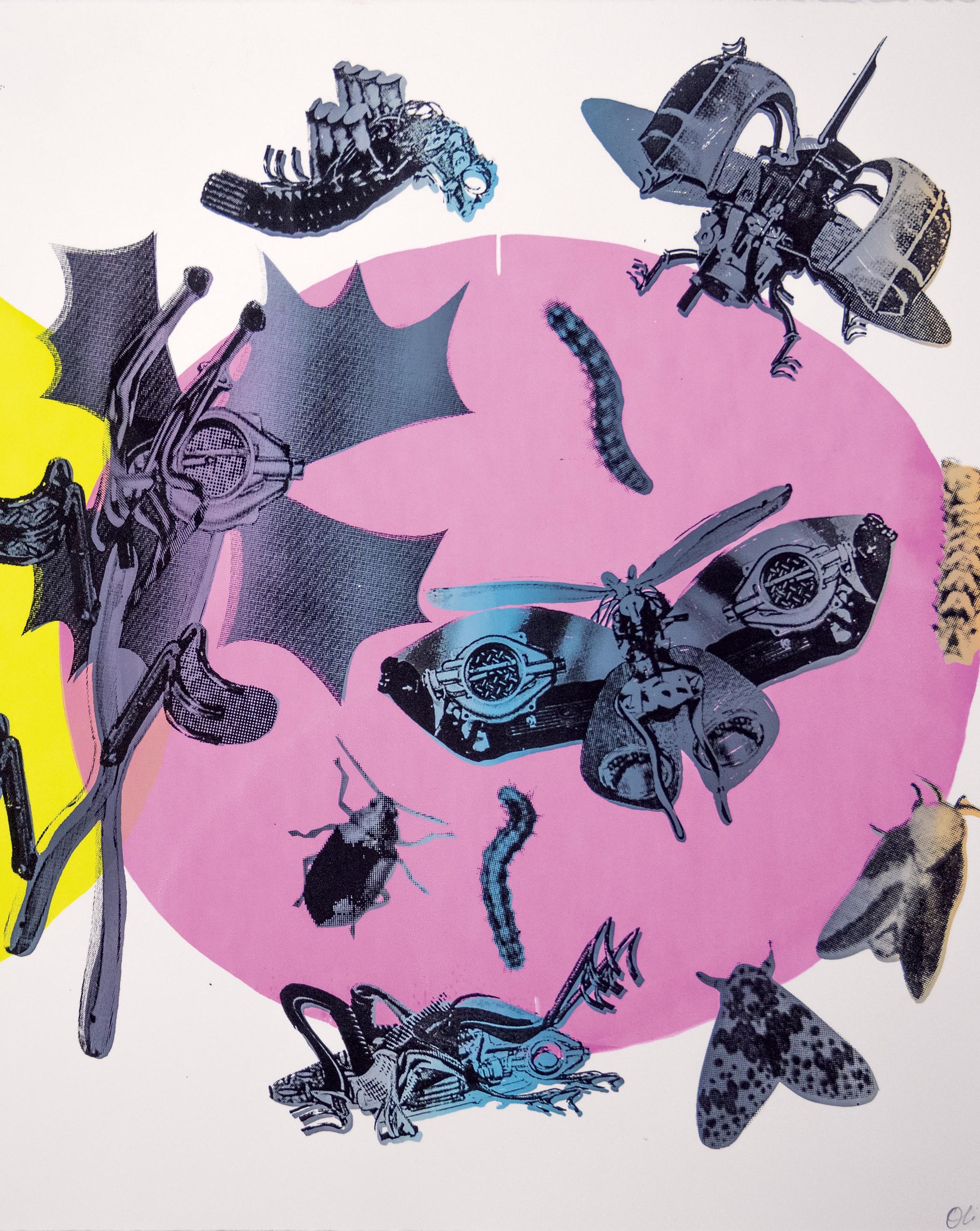 cutout prints of cyber insects layered on a large pink circle