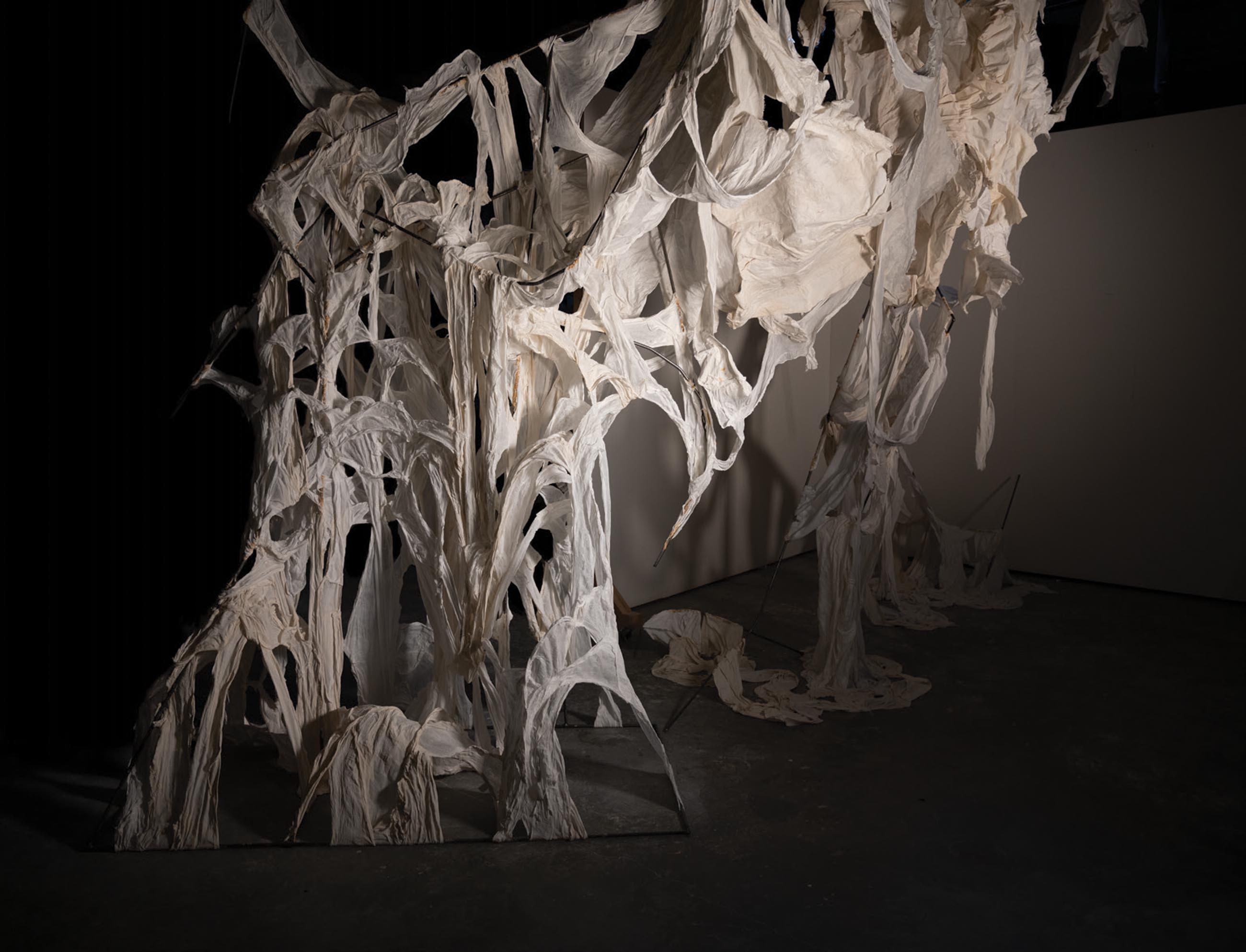 strands and shreds of ivory colored fabric hang suspended in a shadowy space