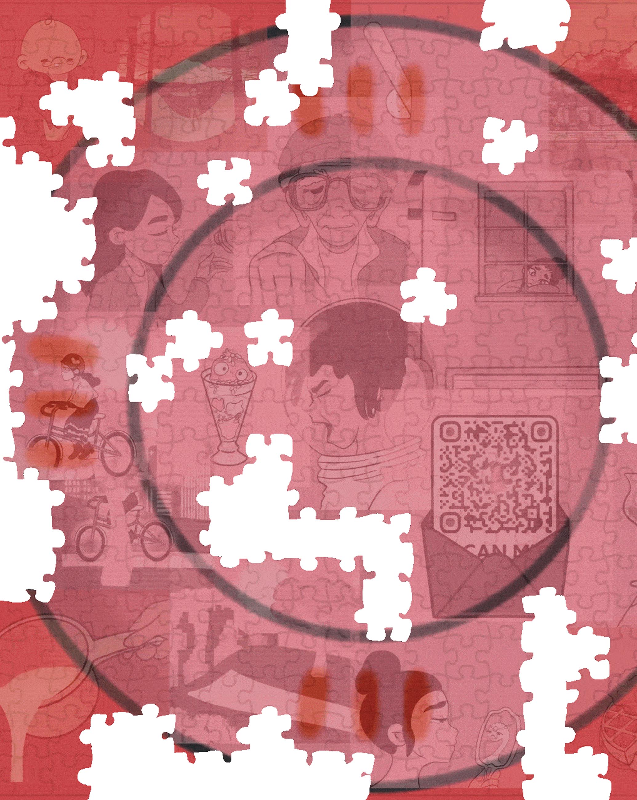 a puzzle missing pieces. It is transparent and rose colored with images of heads and other figures. Many pieces are missing and the voids are white.