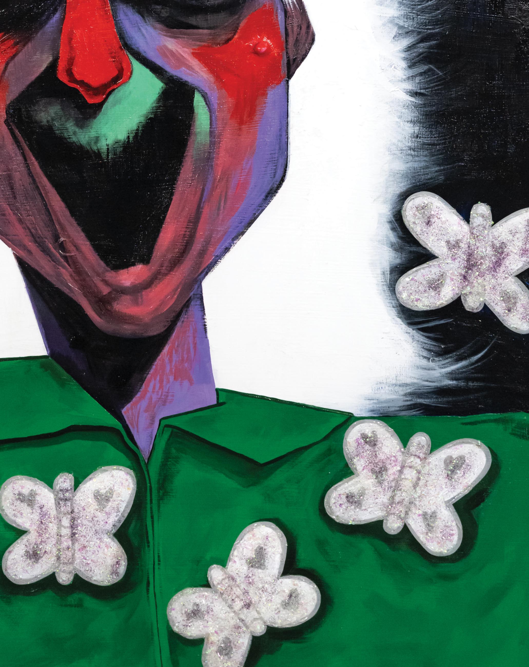 painting detail with purple-faced person in green shirt with sparkly white moths encircling neck