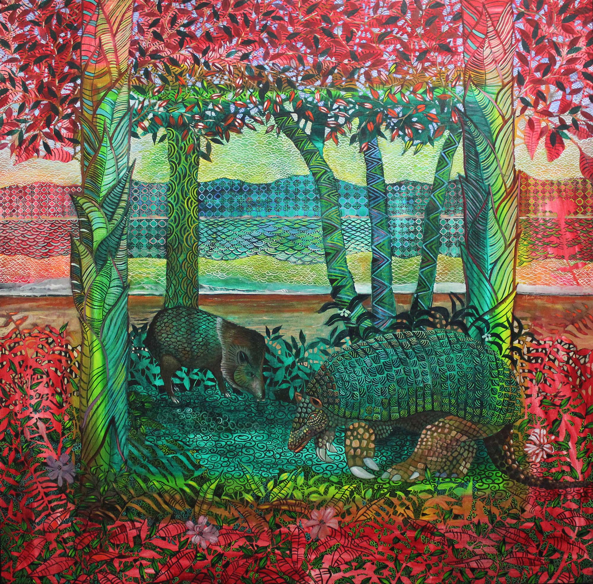 brightly colored red and green landscape with scintillating scaly creatures in the foreground.