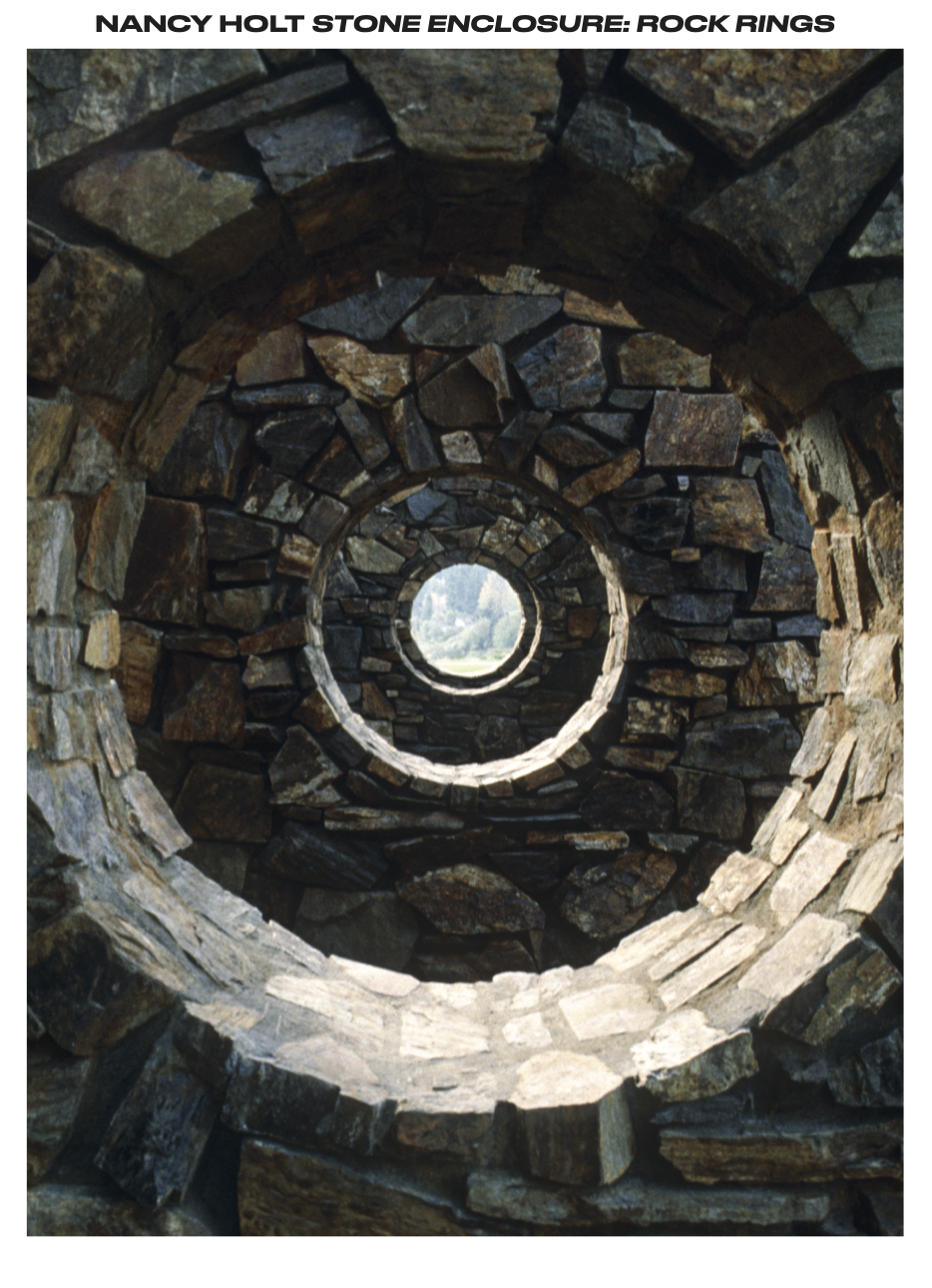 Book cover showing a view through multiple circular windows in Holt's Rock Rings sculpture