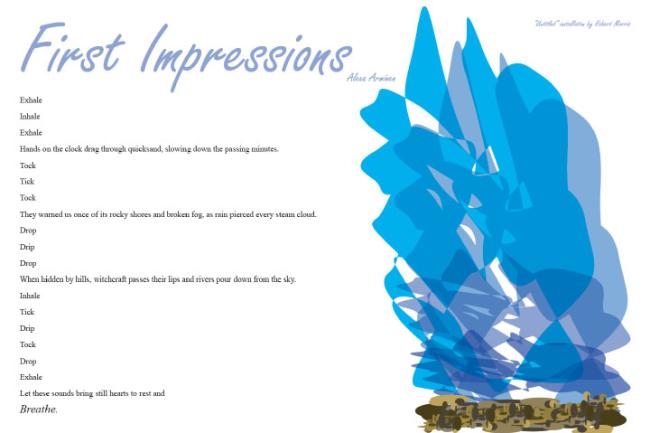 A poem appears to the left of a blue, steam-like abstract shape