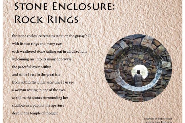 A poem on stone-textured background, with a picture of a person standing between windows of the Rock Ring sculpture walls