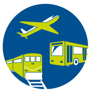 illustration of a plane, train, and city bus