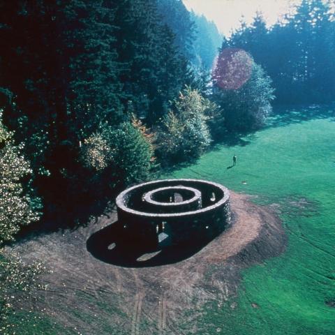 Aerial view of Nancy Holt's sculpture Stone Enclosure: Rock Rings. Full description in body text.