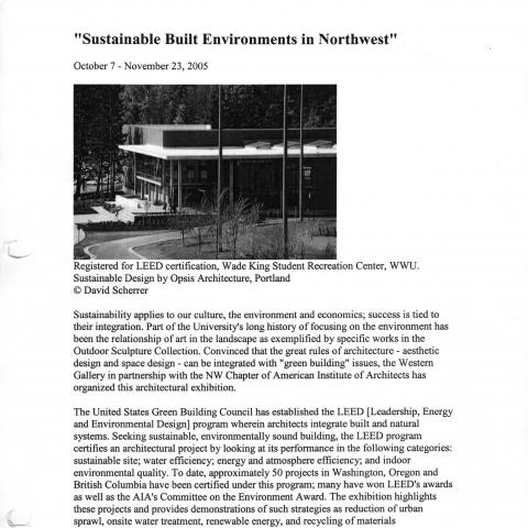 Description about sustainable architectural exhibition with photo of the Wade King Student Recreation Center above it.