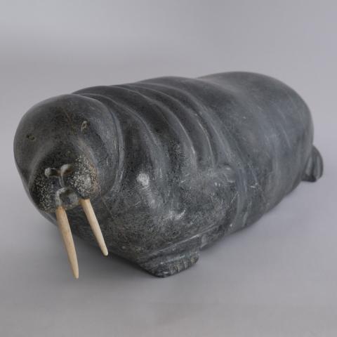 carved stone walrus sculpture, in lying down position, with ivory tusks