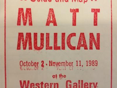 exhibition announcement for Matt Mullican has simple red all caps letters on an ivory colored background