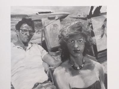 Front cover of Private Art/Public Visions Pamphlet showing Eric Fischl&#039;s &quot;Self Portrait with April at the Beach&quot; 1983, description found under archives in exhibition pamphlet