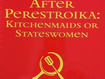 Red background, hammer and sickle ala Soviet flag, except it's a pan and spatula. Text reads "After Perestroika: kitchenmaids or stateswomen"
