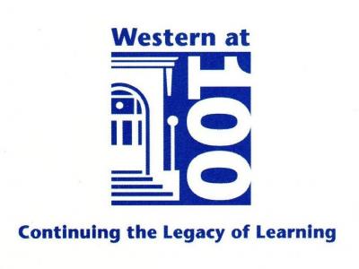 Stylized building motif and text reading "Western at 100: continuing the legacy of learning"
