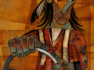 cubist style painting of an indigenous person with a steering wheel
