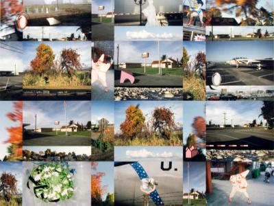 photo collage in a rectalinear grid featuring disjointed suburban street scapes