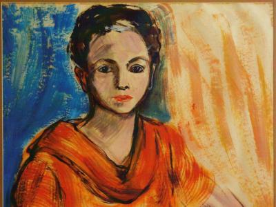 A brushy painting of a seated person wearing orange against a background that's blue on one side and yellow on the other.