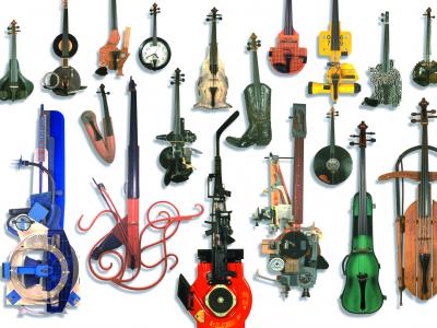 two dozen brightly colored hybrid musical instruments combining stringed instruments with other objects