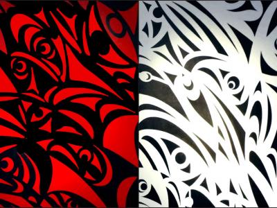 an image divided vertically into 4 sections colored black and white, then black and red, then black and white, then black and red. Each section includes tribal designs of birds and fish, so close together they look like abstract designs from a distance.