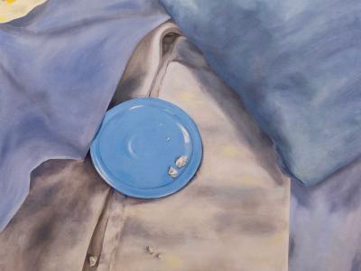 painting of a small blue dish sitting on some worn fabric or cushions