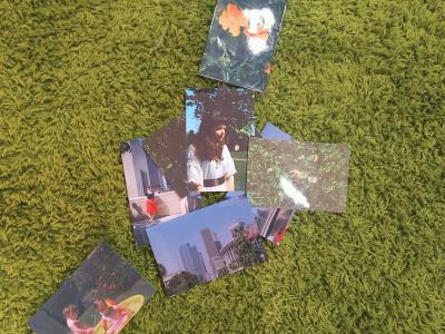 small pile of family photos scattered on a pea green rug