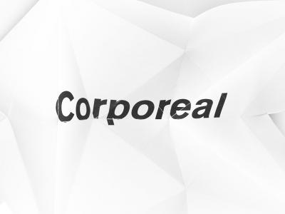 exhibition title "corporeal" on a background that looks like slightly crumpled paper