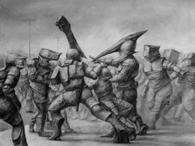 detailed drawing of humanoid figures in a crowd, by Ellery von Dassow