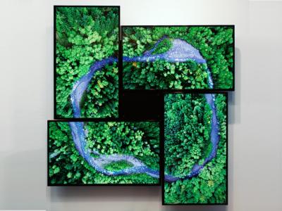 Aerial view of a river in the forest, flowing in a circle. The image is split across four screens arranged together.