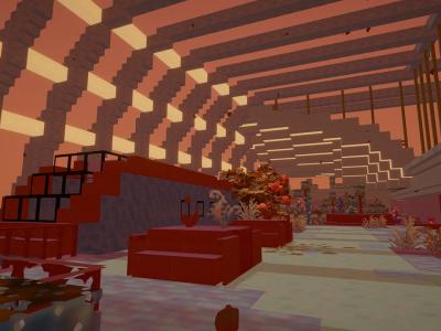 red-orange rectilinear structures appear to form an interior space with a lot of depth