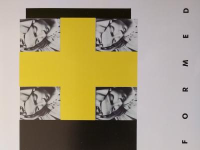 black square with white center next to a yellow cross with a repeated image of a sculpted female head at the corners of the cross.