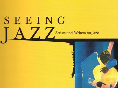 yellow background with a splotch of instrumental color in the corner, text reads "Seeing Jazz"