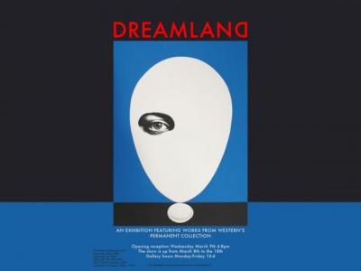 Exhibition poster. The imagery shows a human eye on a white egg shape which balances on a smaller white egg shape, forming an exclamation point, all encompassed by blue and black rectangles