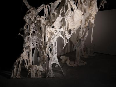 strands and shreds of ivory colored fabric hang suspended in a shadowy space