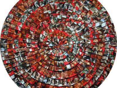 collage of cut close-up photos arranged in circular layers to create a full, gapless circle